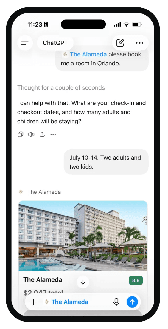 A hotel booking conversation with The Alameda inside ChatGPT on an iPhone